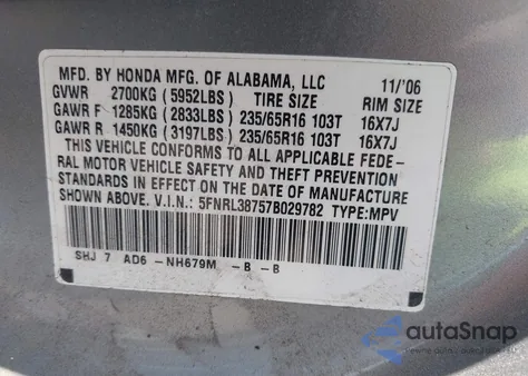 2007 Honda Odyssey Ex-L from USA, damaged, VIN 5FNRL38757B029782